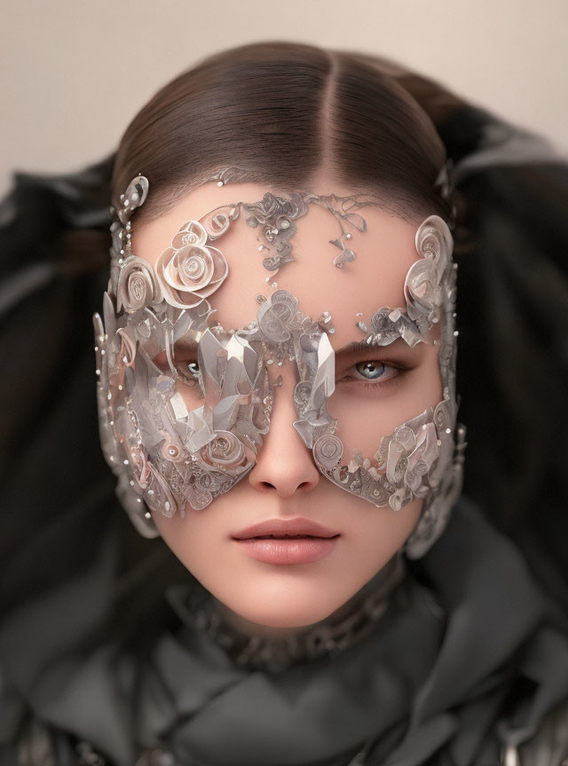 Sleek-haired woman in intricate crystal mask with filigree and floral designs