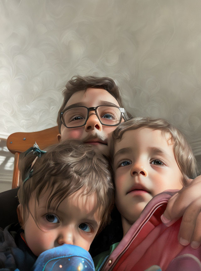 Three children of varying ages pose for a selfie, one wearing glasses and smiling.