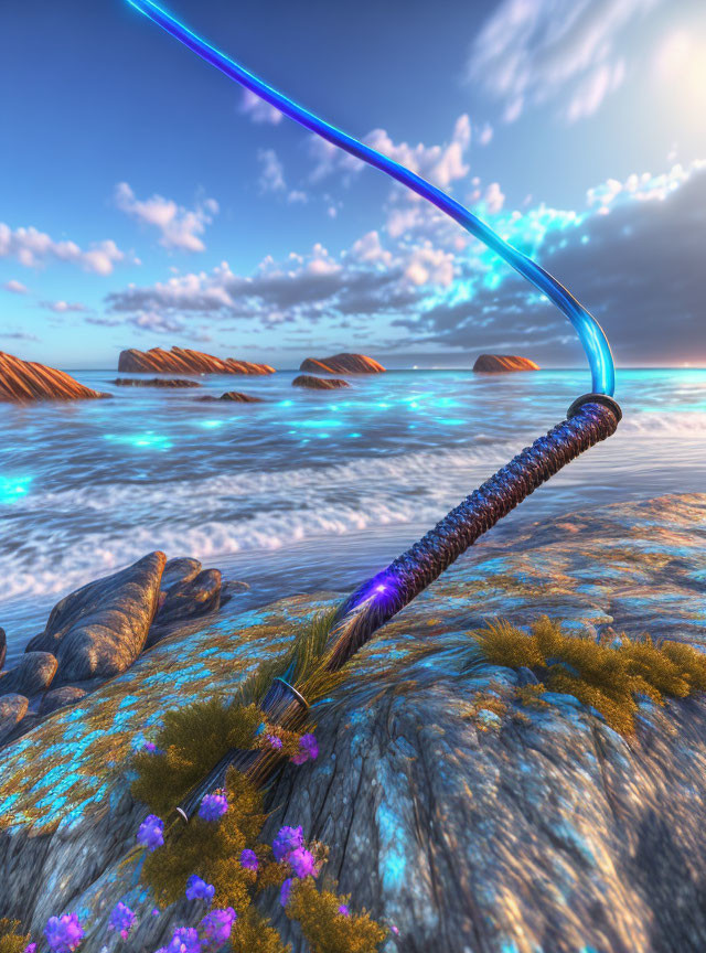 Glowing blue rod over serene beach with rocks and purple flowers