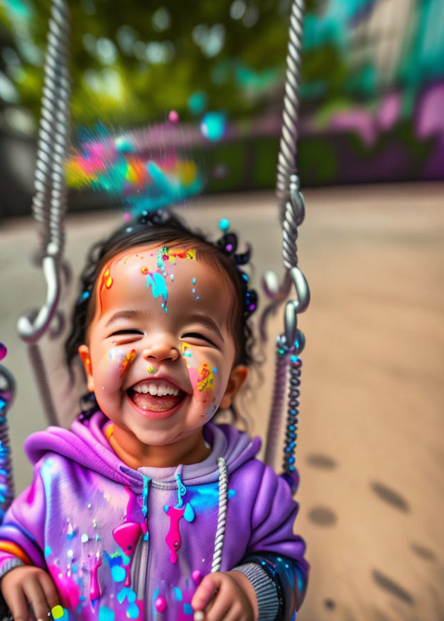 Colorful Dots Face Painted Toddler Swinging at Playground