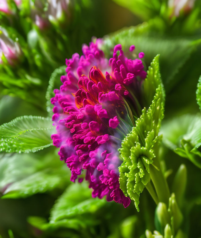 Vibrant Pink Flower with Ruffled Petals and Green Leaves