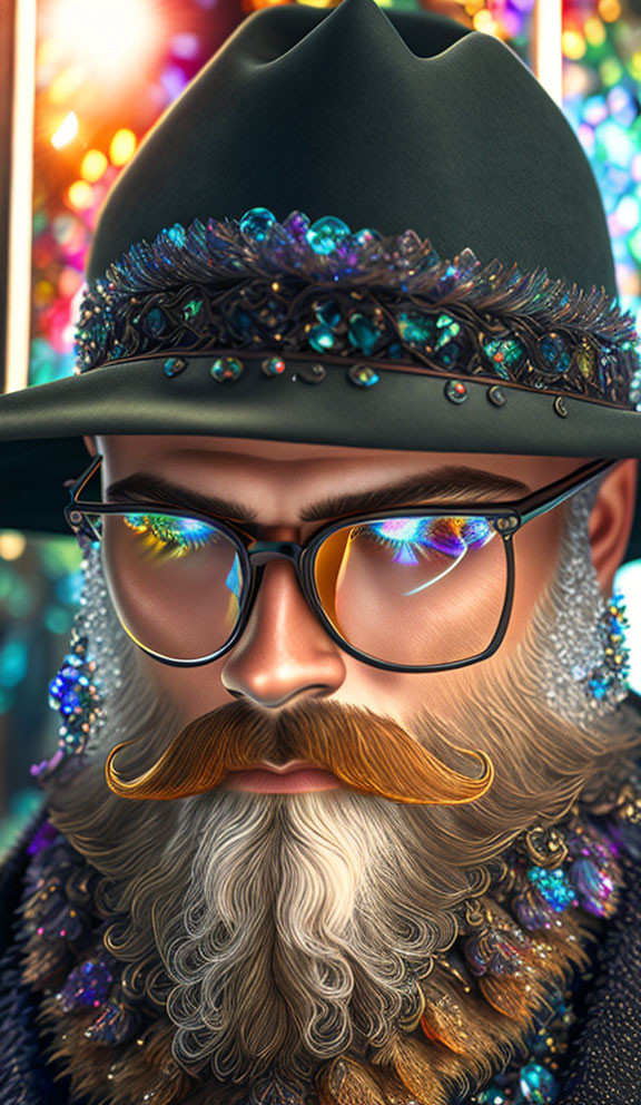 Stylish bearded man in green hat and gem-encrusted clothing with glasses and well