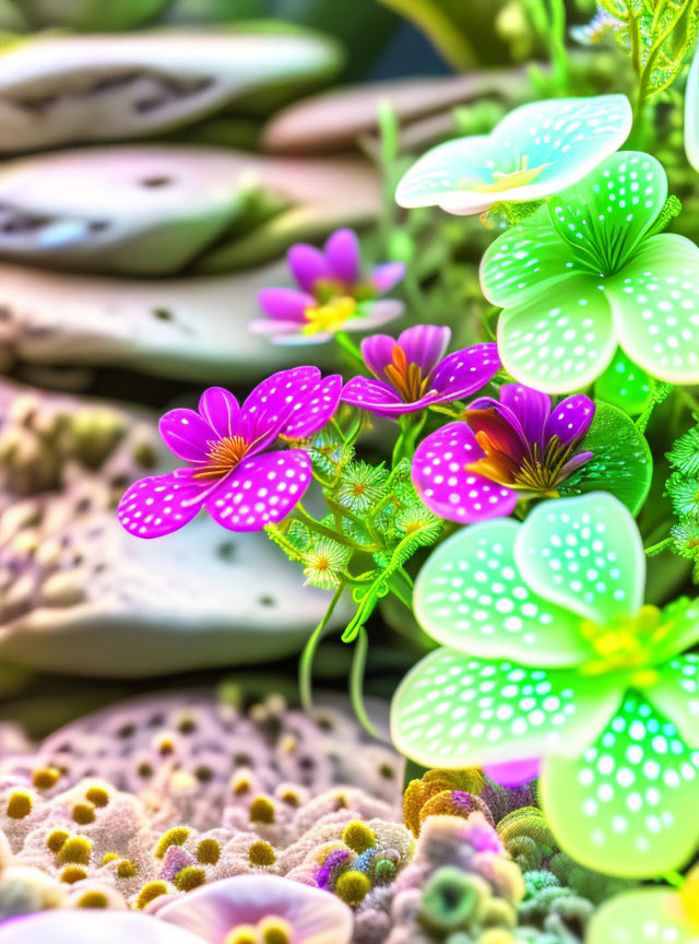 Colorful digital artwork: green clover plants, purple flowers, and textured brown surfaces.