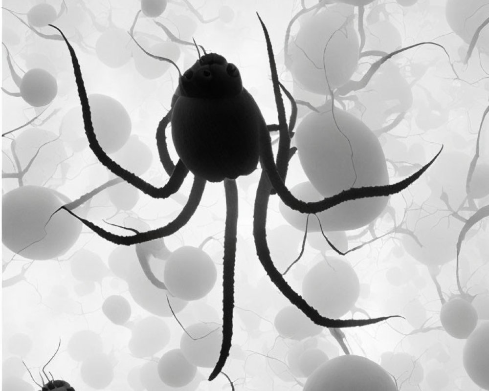 Monochrome spider silhouette with white orbs and light play