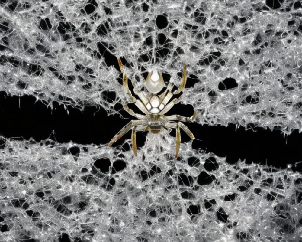 Intricate spider web with dewdrops on dark background