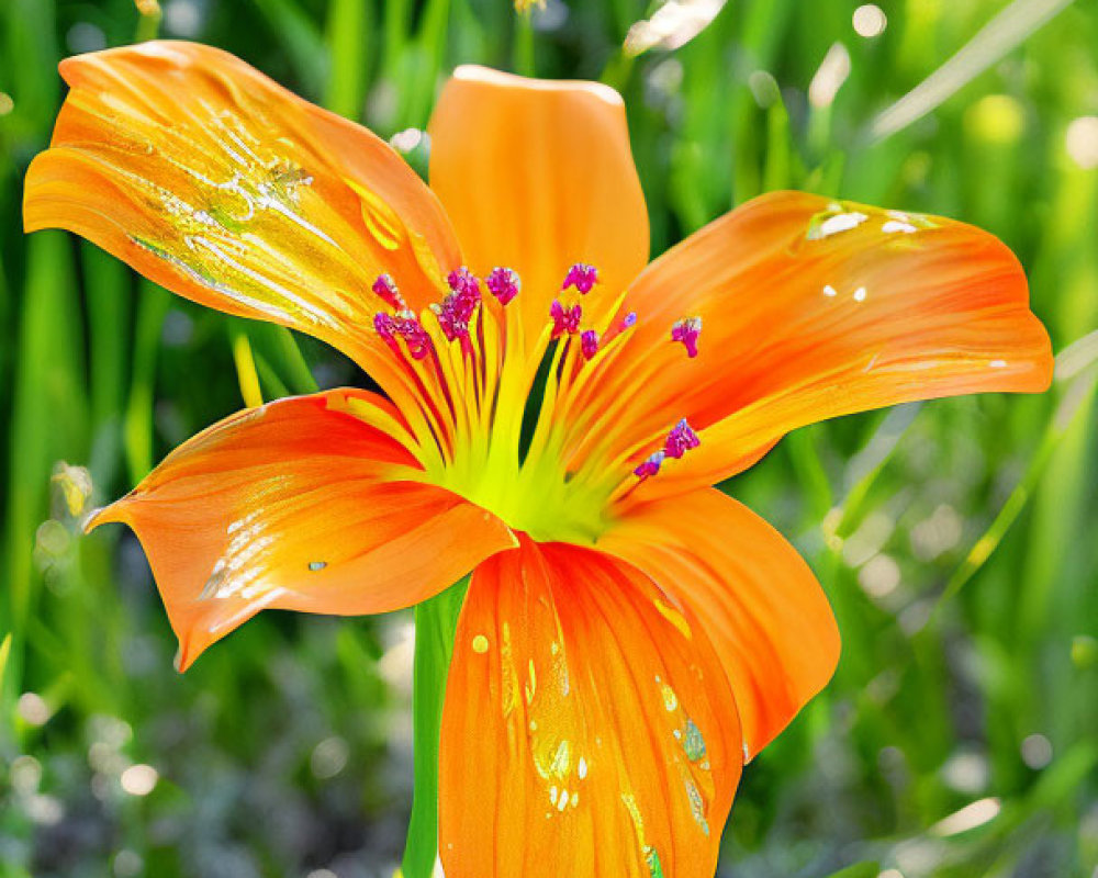 Vibrant orange lily with water droplets on petals in green grass setting