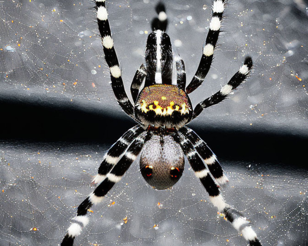 Detailed close-up of a spider with banded legs on a reflective, patterned abdomen.