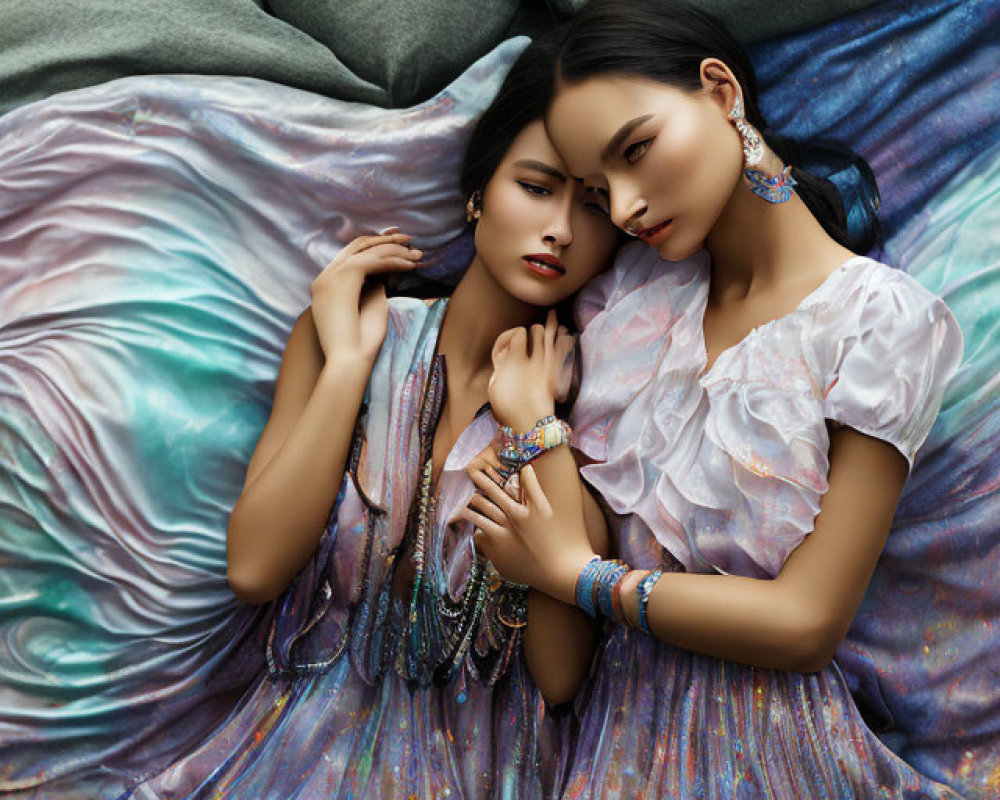 Elegant women in stylish dresses on bed with iridescent fabric and jewelry