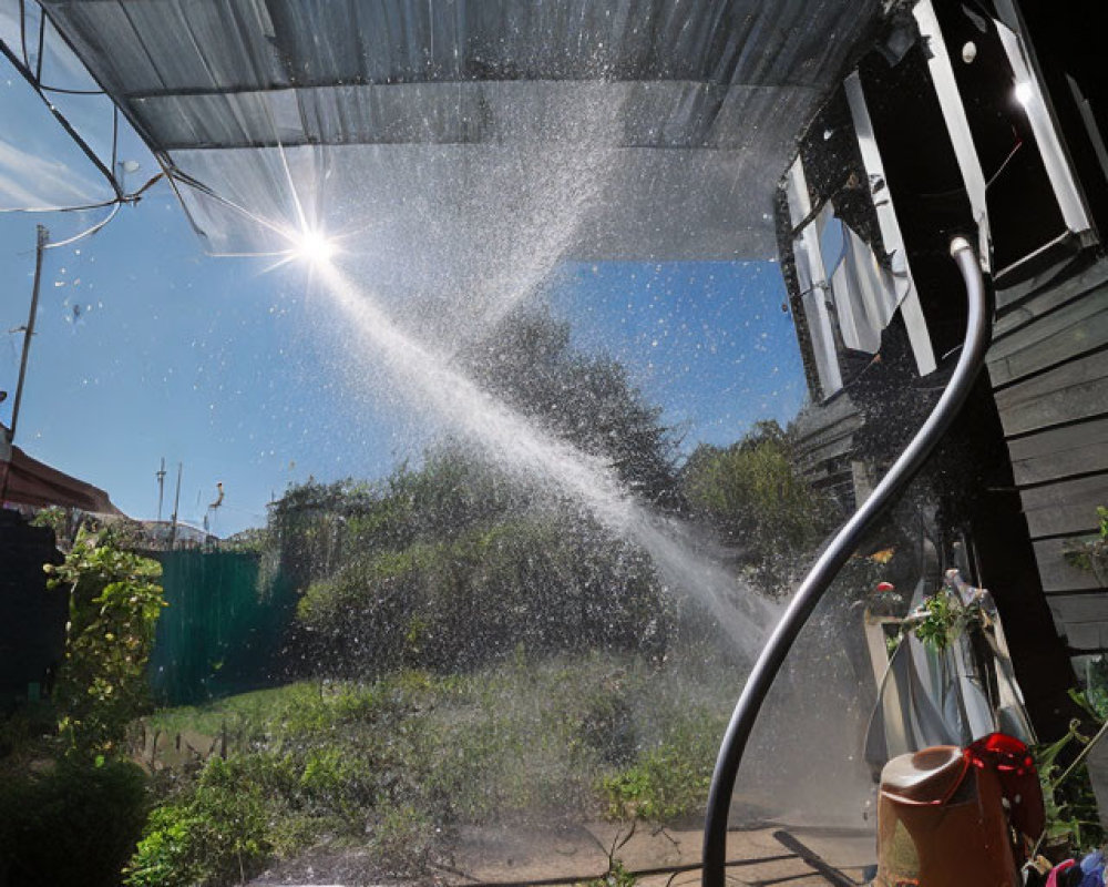 Sunshine casting rainbow on garden tools under corrugated roof