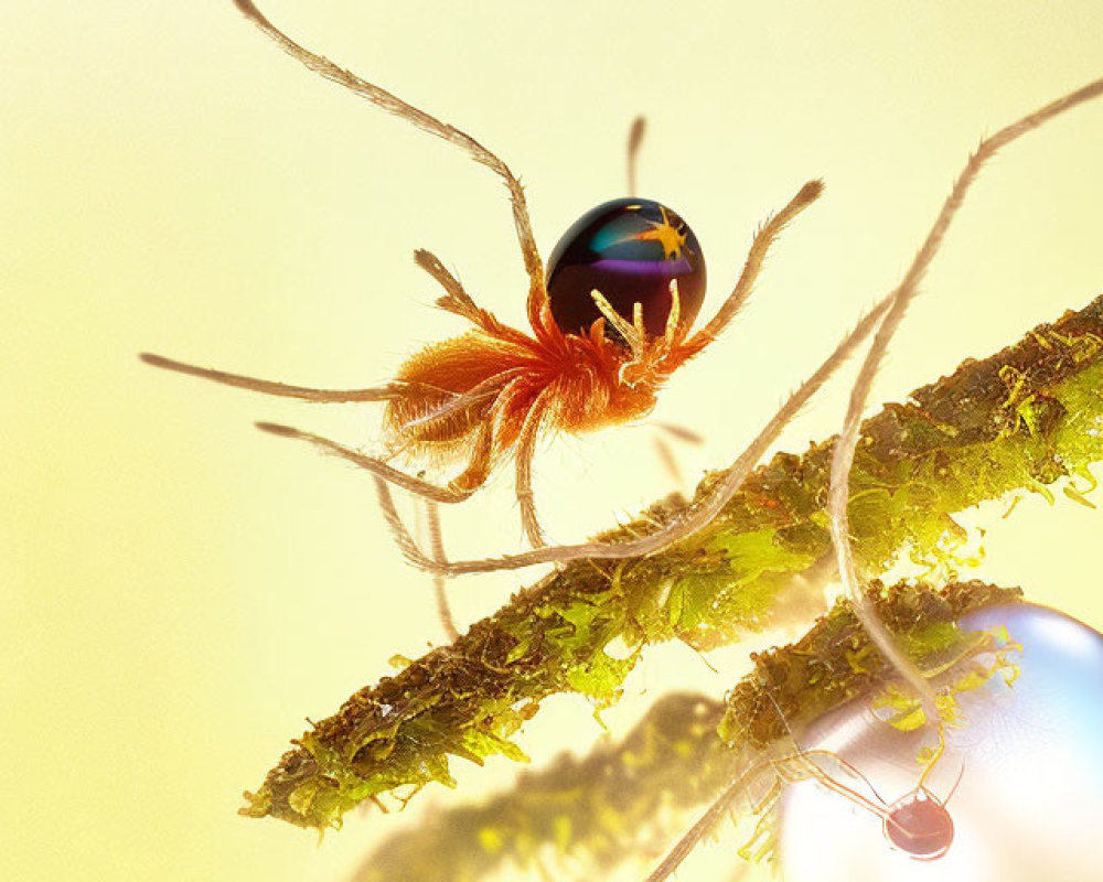 Orange spider with spindly legs on mossy twig against yellow backdrop