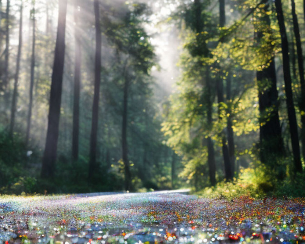 Forest Path Illuminated by Sunlight Through Tall Trees