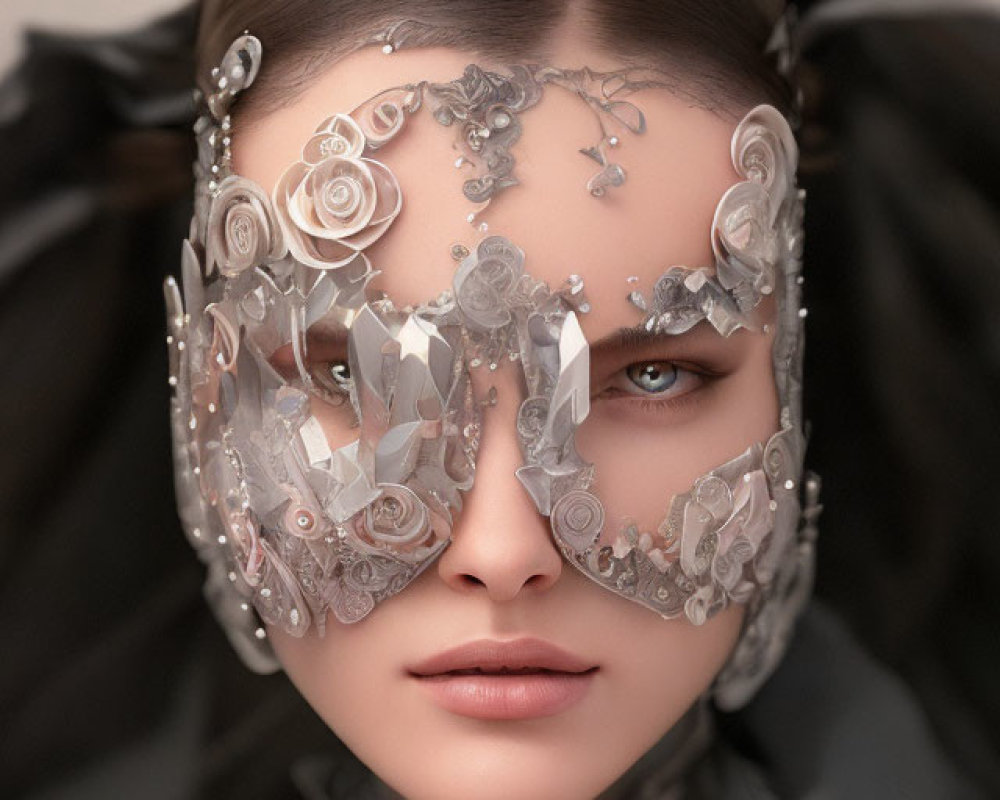 Sleek-haired woman in intricate crystal mask with filigree and floral designs