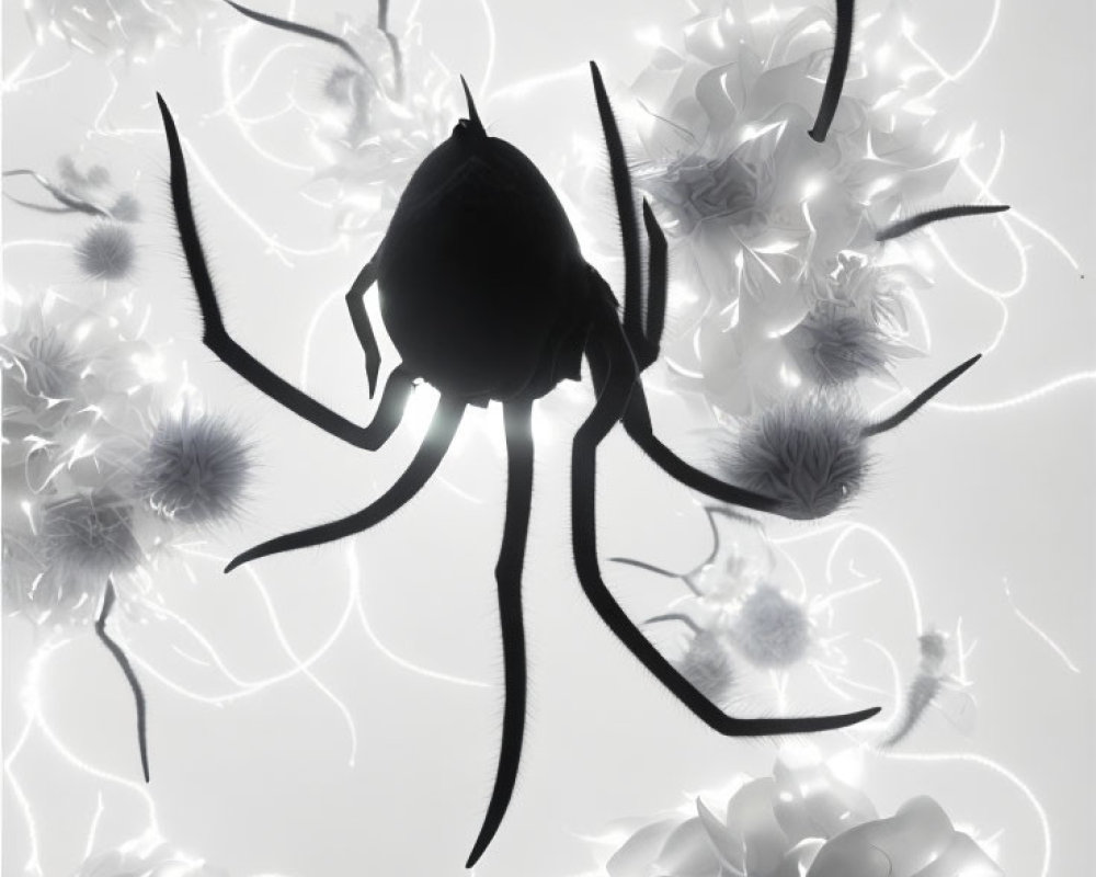 Spider silhouette on bright floral background with tendrils