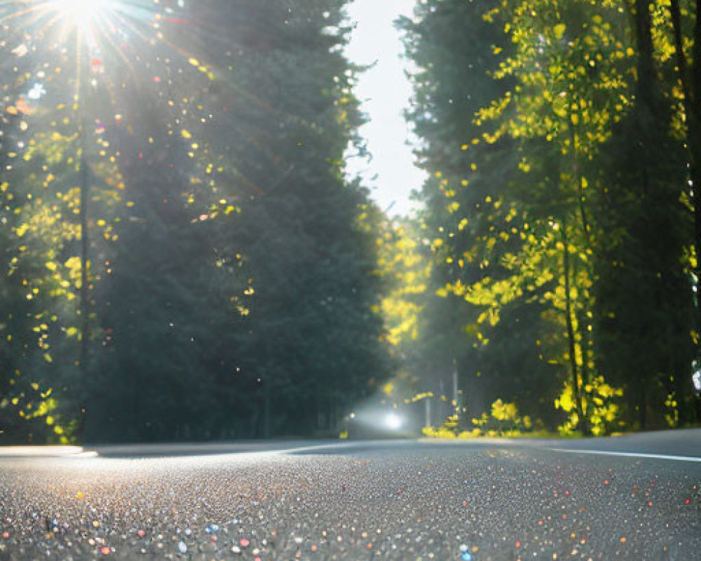 Sunlit Forest Road with Light Rays and Bokeh Effect