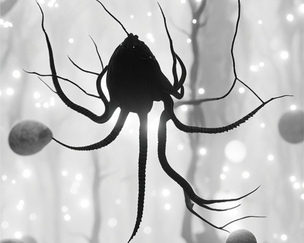 Octopus Silhouette with Extended Tentacles in Surreal Underwater Scene