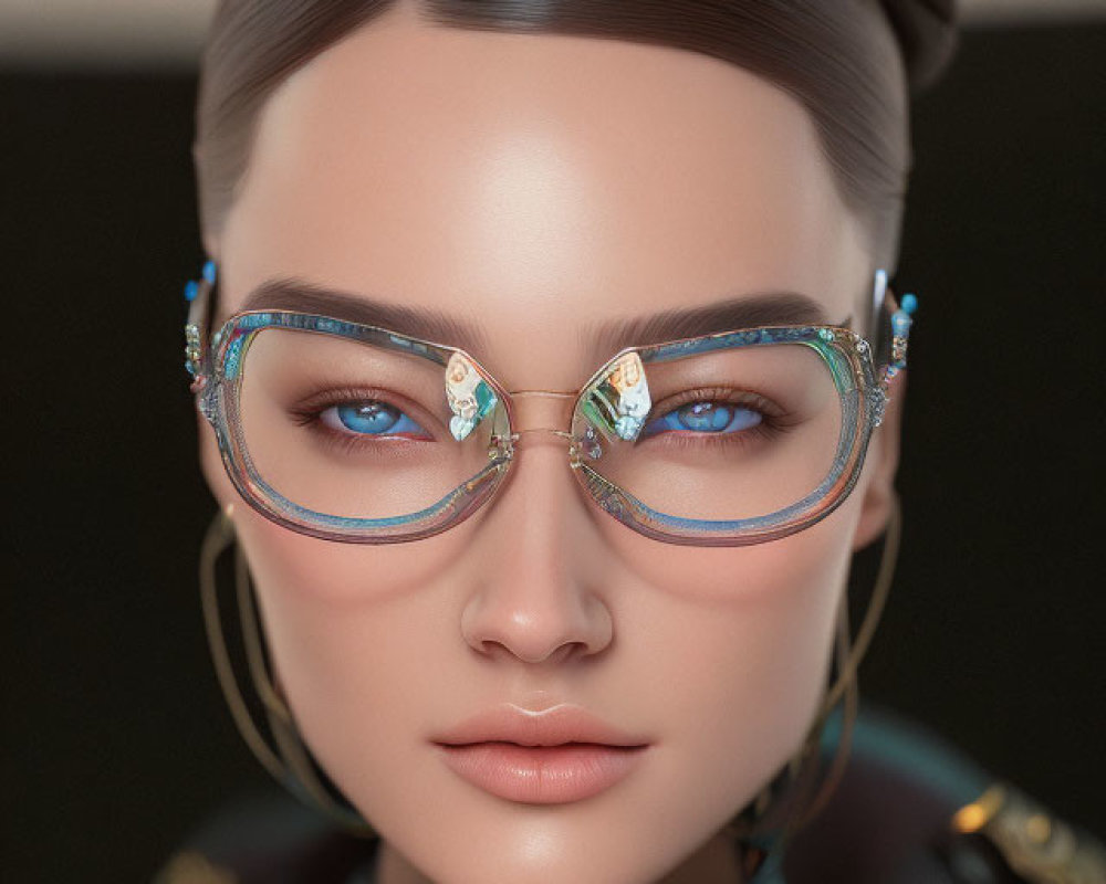 Portrait of Woman with Striking Blue Eyes and Futuristic Teal Outfit