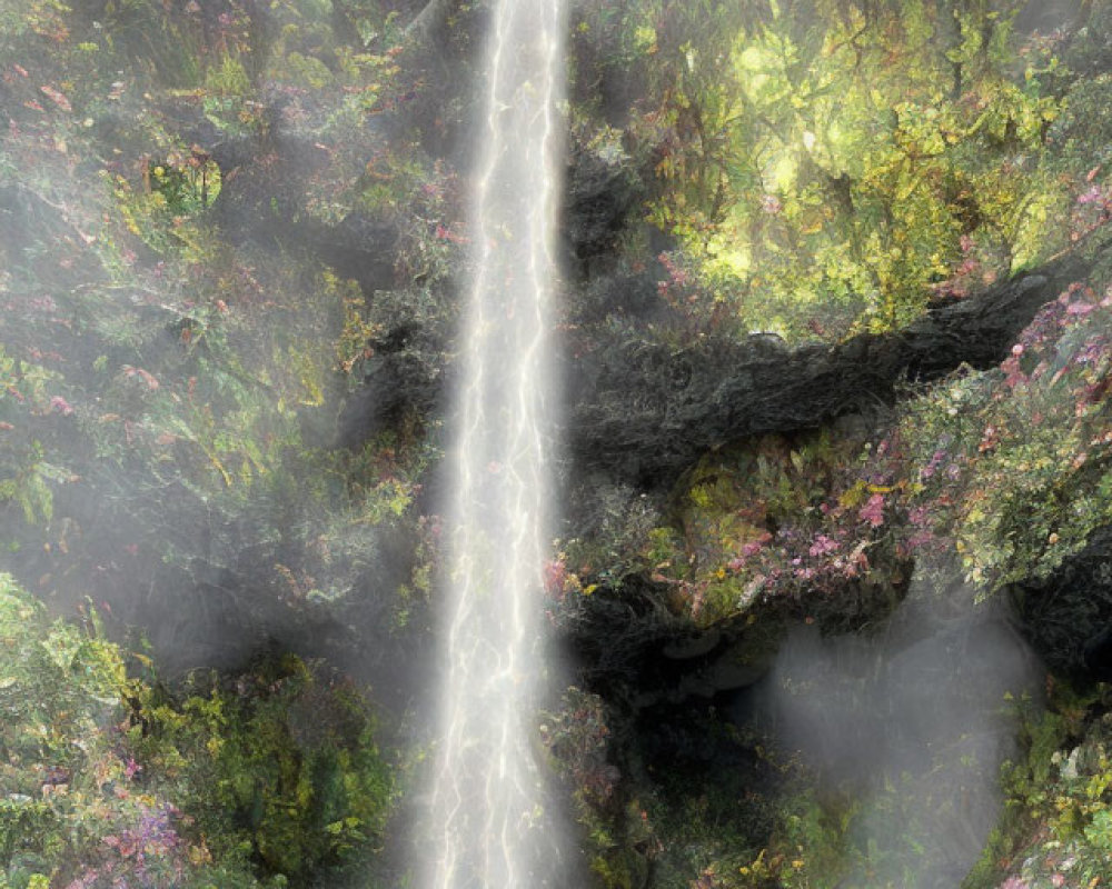 Tranquil waterfall flowing over lush cliff into misty pool surrounded by greenery