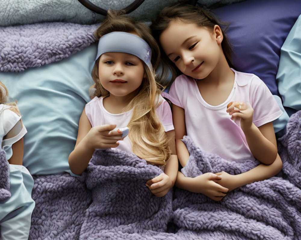 Two children in bed under purple blanket, one with sleep mask holding marshmallow, other smiling.