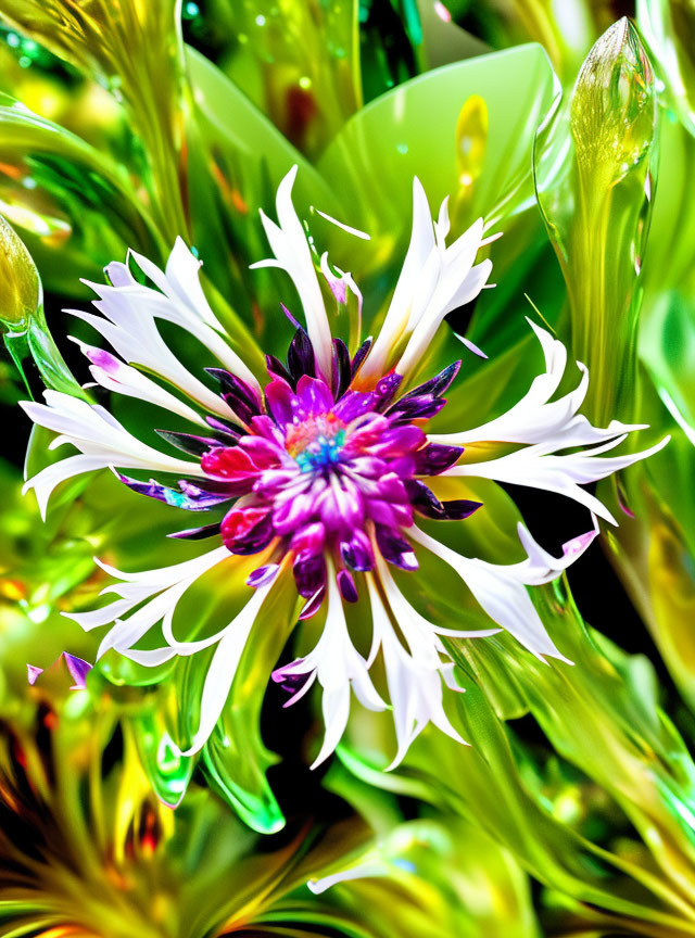 Colorful digital artwork featuring white and purple flower with blue and fuchsia center.