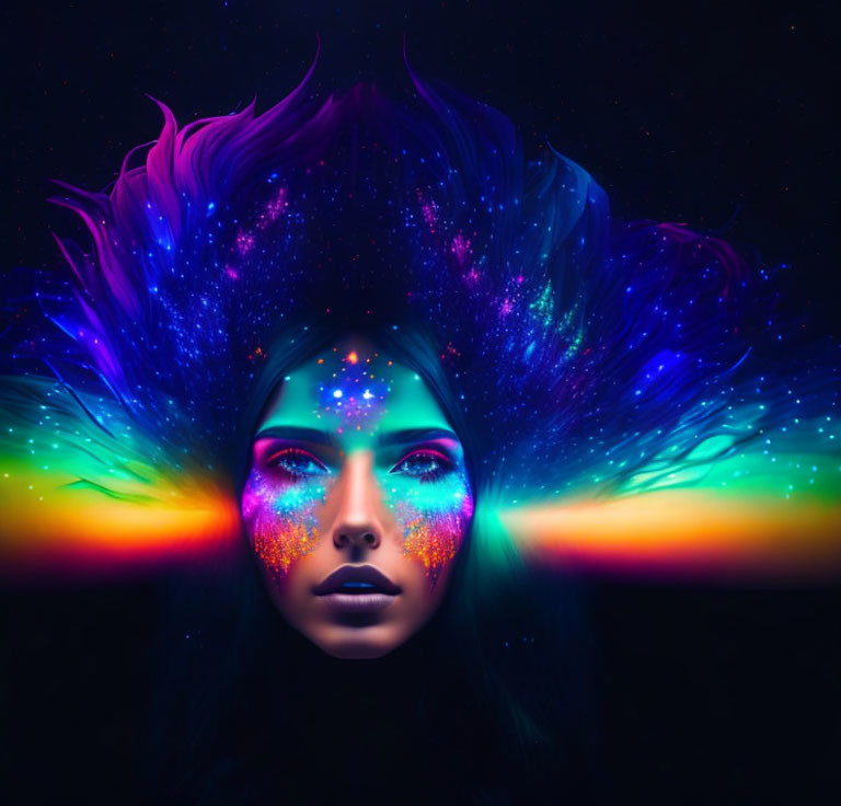 Colorful Woman with Neon Paint in Galaxy Theme