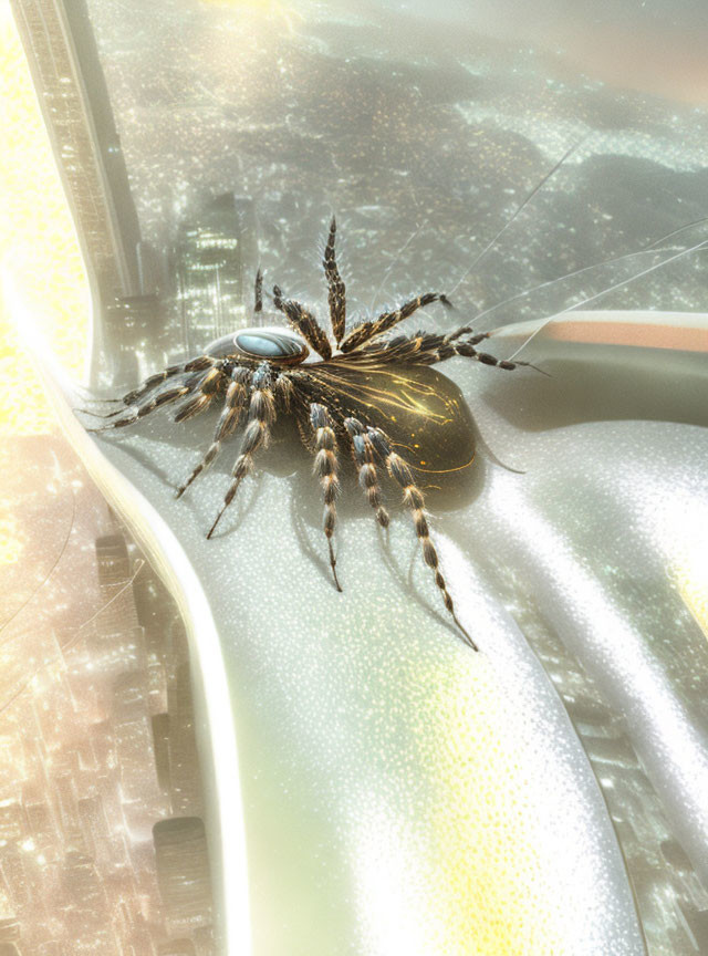 Futuristic spider-like creature on curved structure above cityscape