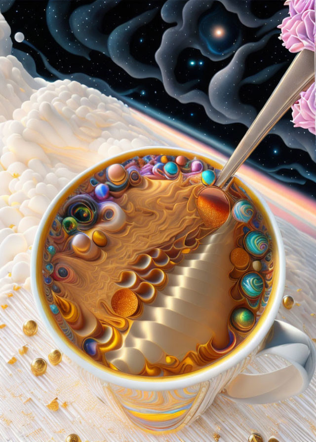 Surreal coffee cup illustration with cosmic swirls, clouds, beans, and stars