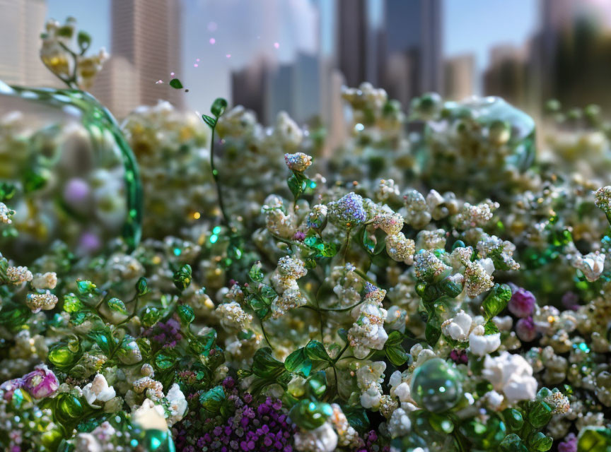 Digitally-created vibrant landscape with greenery, flowers, dewdrops, and urban skyline.