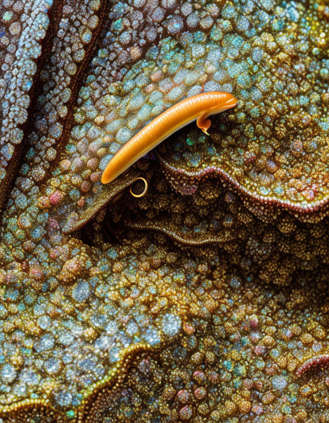 Vivid orange millipede on textured surface with brown shades and colorful speckles