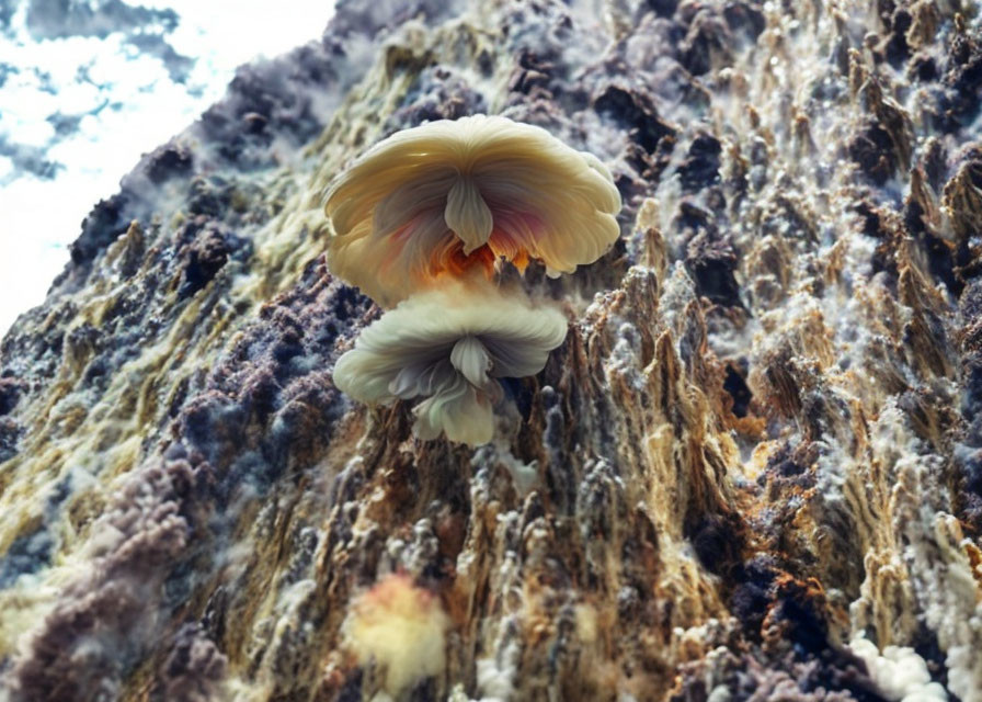 Mushrooms on textured bark with blurred sky