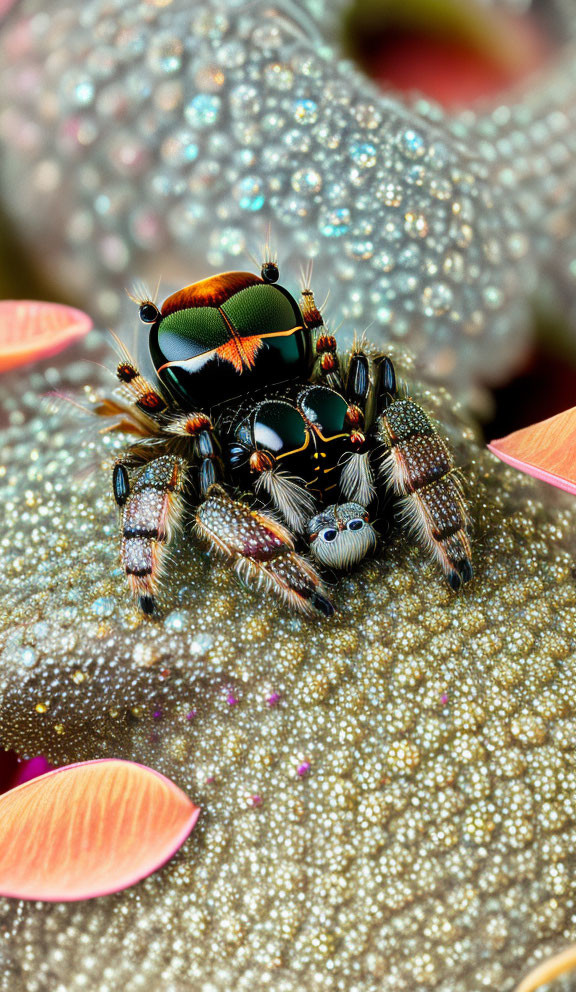 Colorful Jumping Spider on Glittering Surface with Pink Leaves