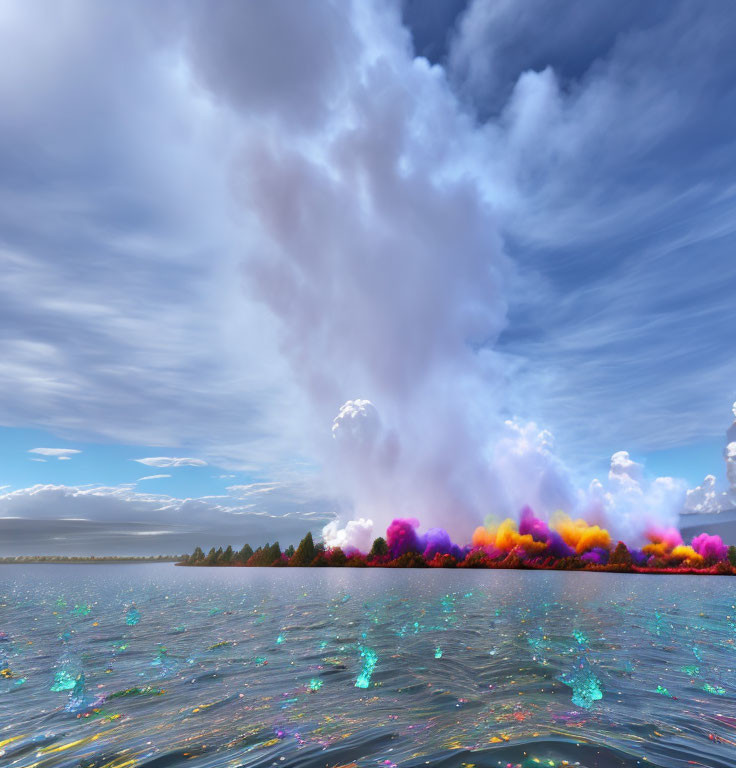 Colorful explosion above glittering water & forest landscape