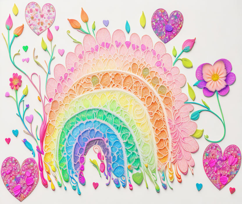 Colorful Quilled Rainbow Art with Flowers and Hearts