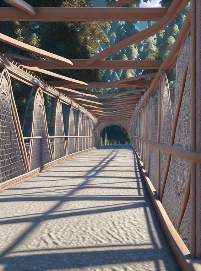 Intricate wooden footbridge in forest with long shadows and sunlight filtering through canopy