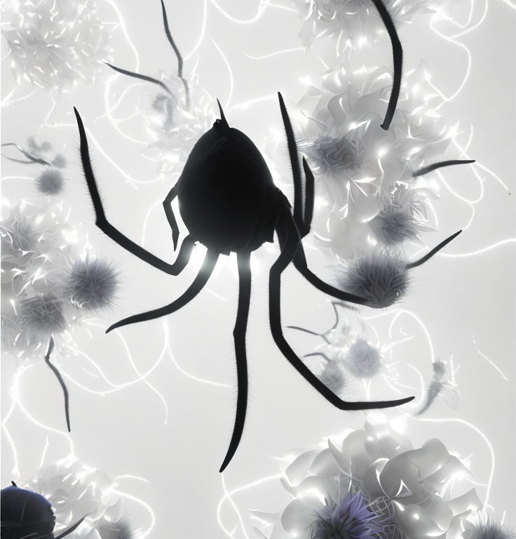 Spider silhouette on bright floral background with tendrils