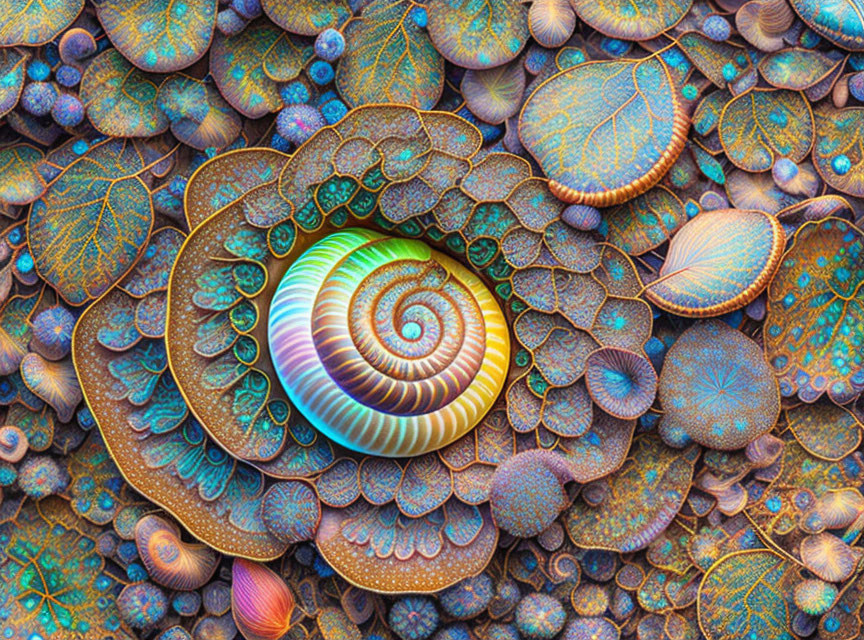 Colorful Fractal Artwork with Nautilus Shell and Leaf-like Patterns