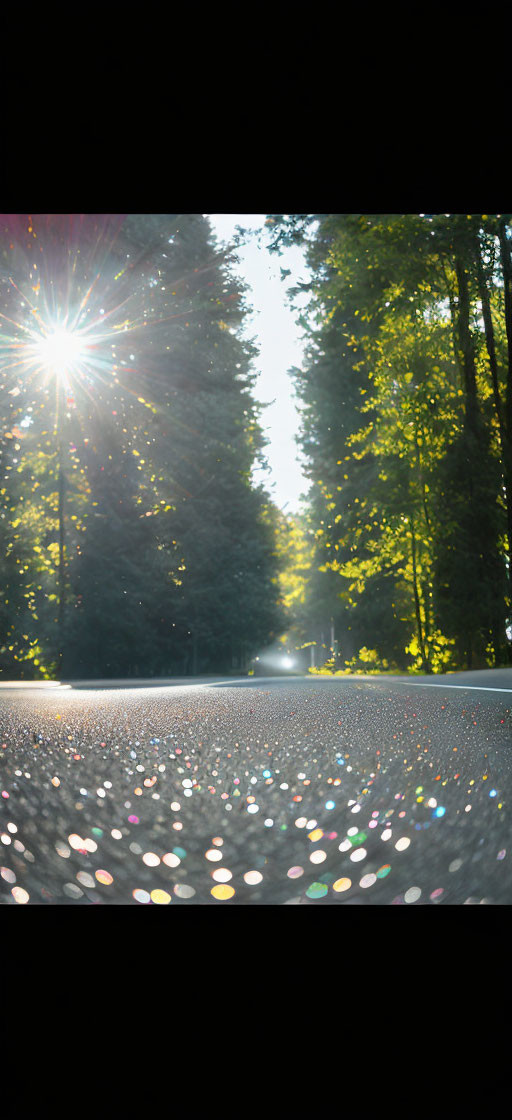 Sunlit Forest Road with Light Rays and Bokeh Effect