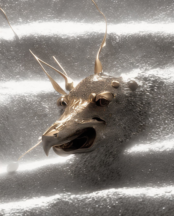 Intricate Golden Dragon Head Sculpture with Horns and Textured Skin