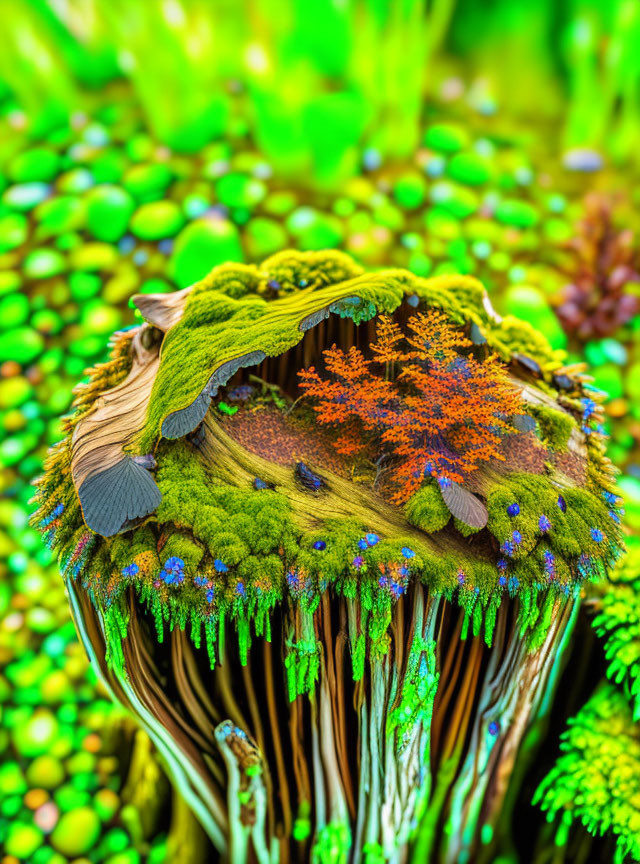 Detailed macro image of mossy stump with orange plants and green foliage