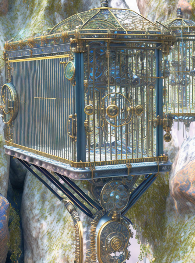 Vintage Birdcage with Intricate Metalwork and Gears on Blurred Background