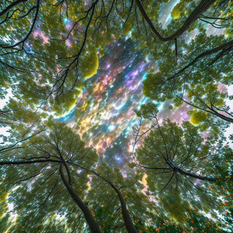 Forest floor view: Trees reaching sky with fisheye lens effect