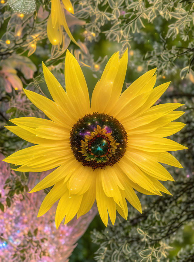 Vibrant sunflower with green and black center and soft yellow petals on greenery backdrop.