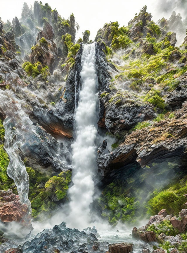 Majestic waterfall cascading down rugged cliff in lush greenery