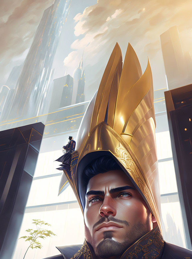 Regal man in golden crown against futuristic skyline