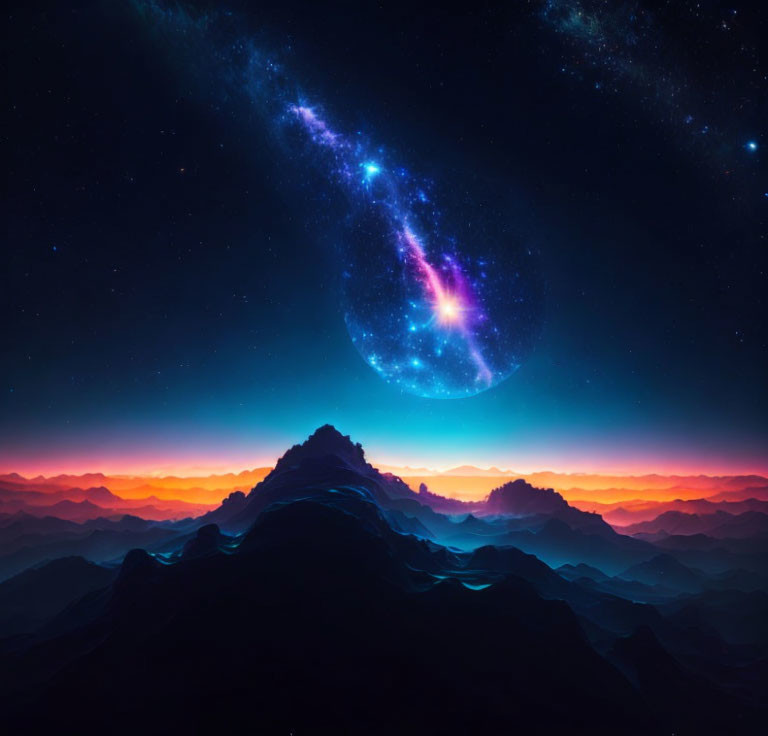 Silhouetted mountains in surreal twilight sky with celestial nebula