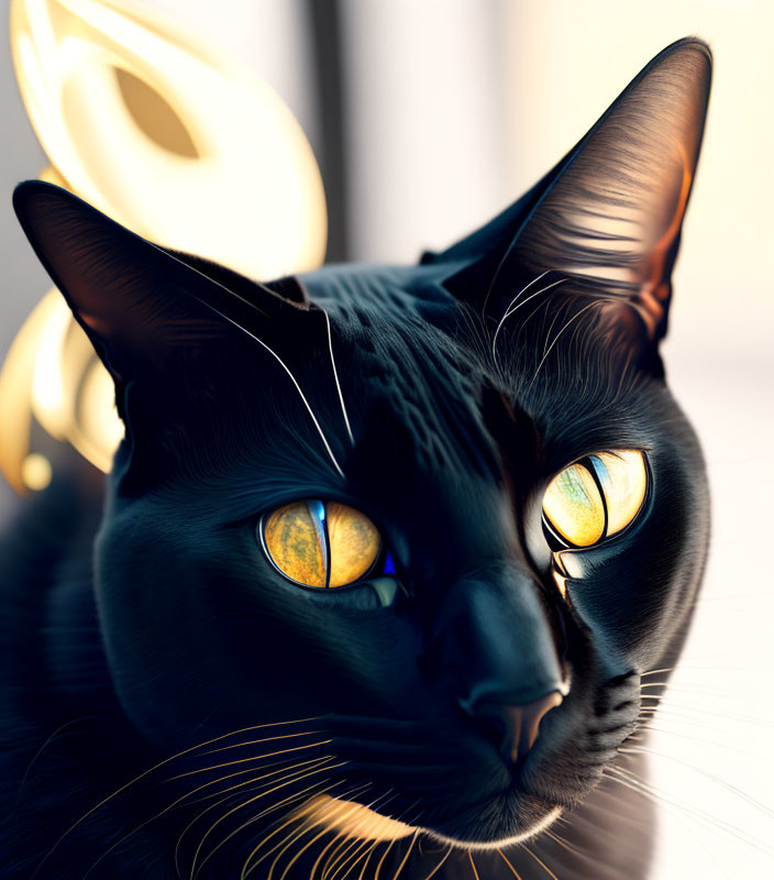 Black cat with golden eyes and pointed ears in warm light