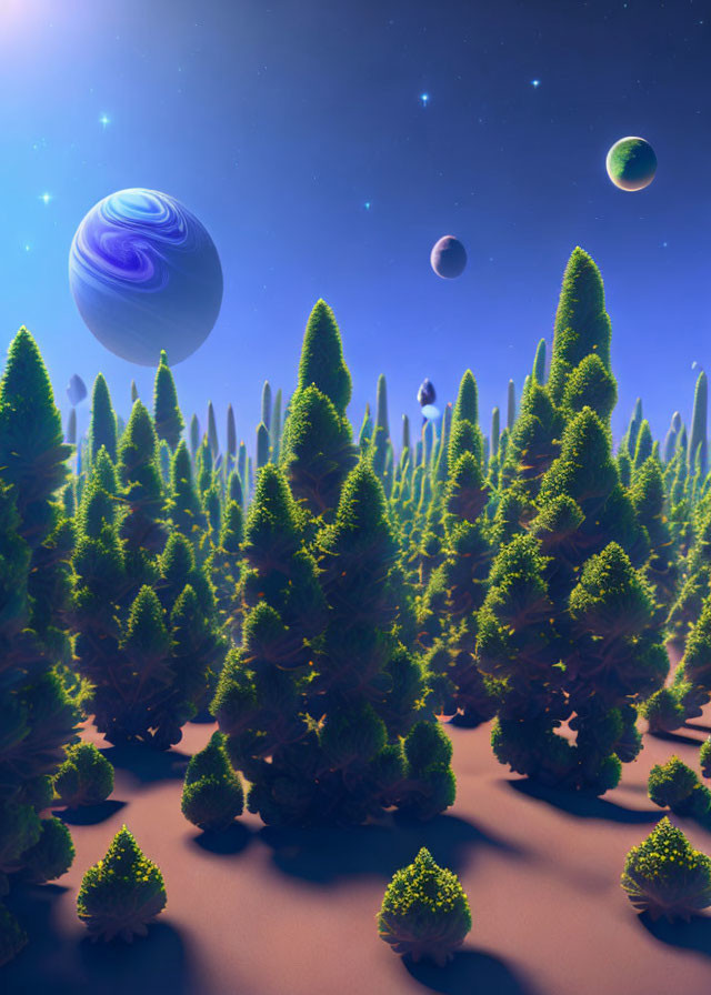 Vibrant green trees under a night sky with multiple visible planets.