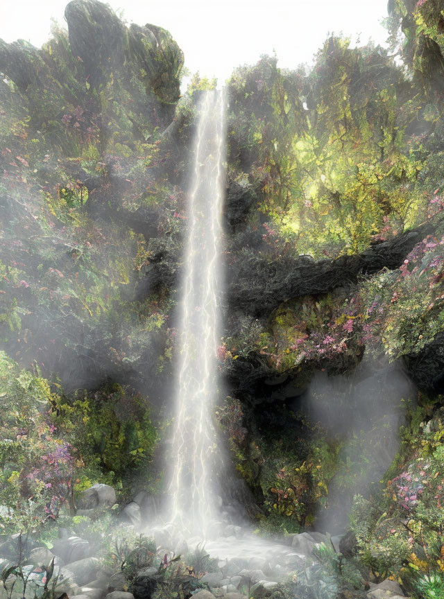 Tranquil waterfall flowing over lush cliff into misty pool surrounded by greenery