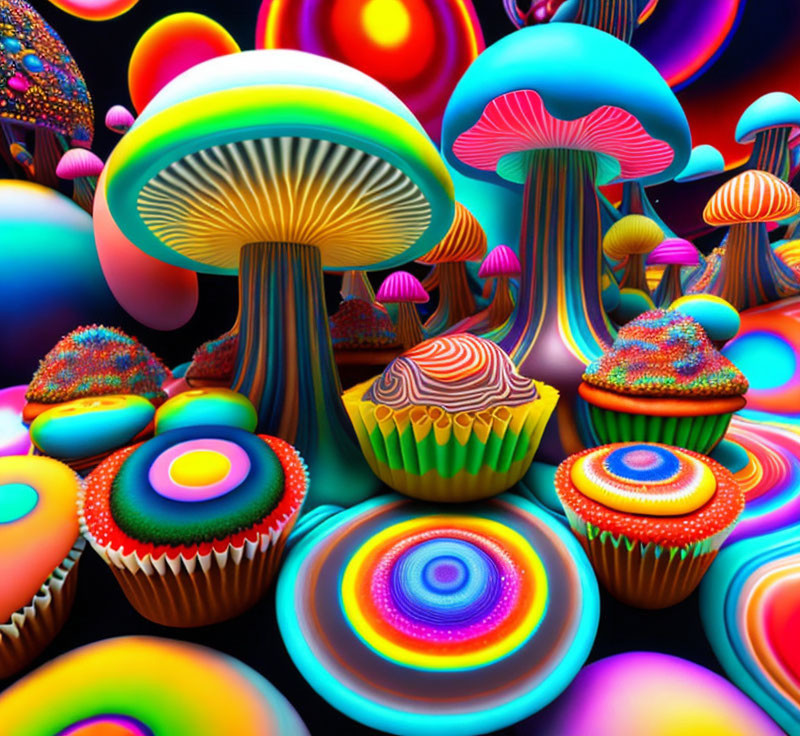 Colorful surreal digital artwork: Vibrant mushroom structures & psychedelic patterns.