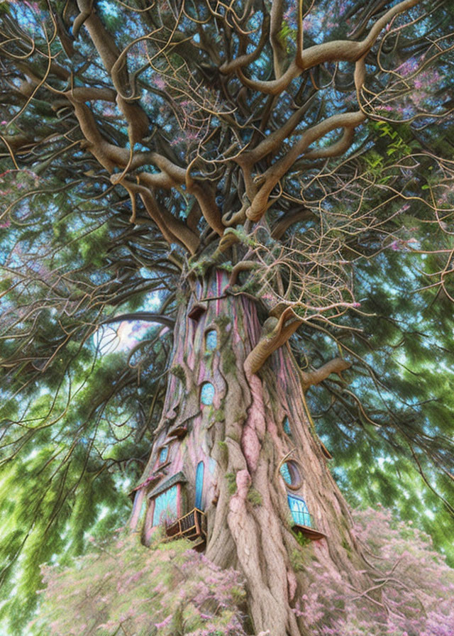 Whimsical treehouse in ancient tree with vibrant green leaves