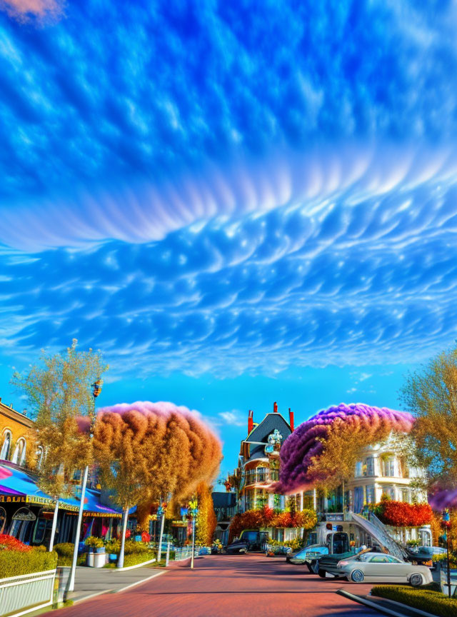 Colorful town scene with whimsical purple trees and dramatic sky.